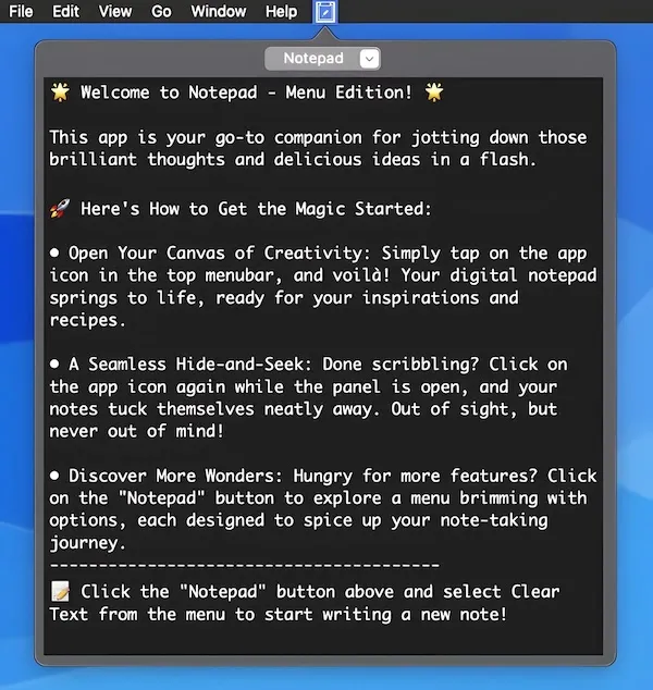 Notepad Menu Edition screenshot showing the app interface