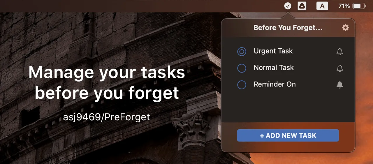PreForget screenshot showing the app interface