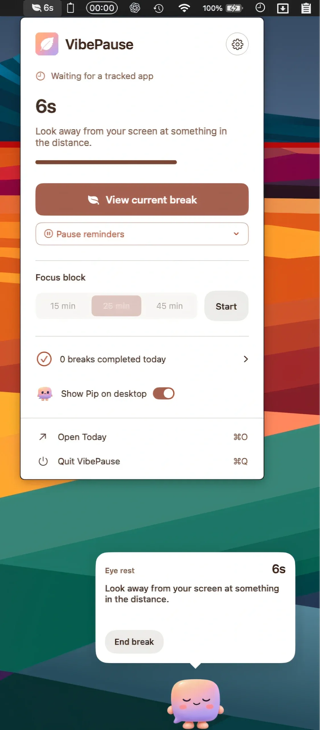 VibePause screenshot showing the app interface