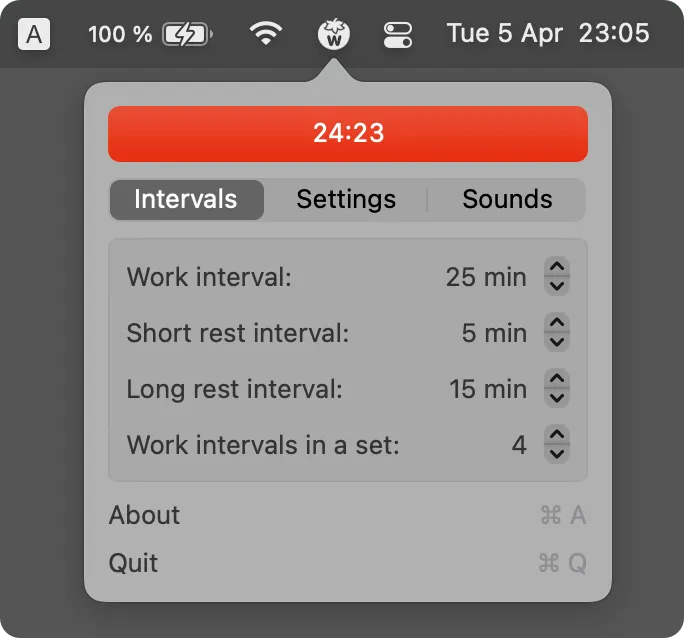 TomatoBar screenshot showing the app interface