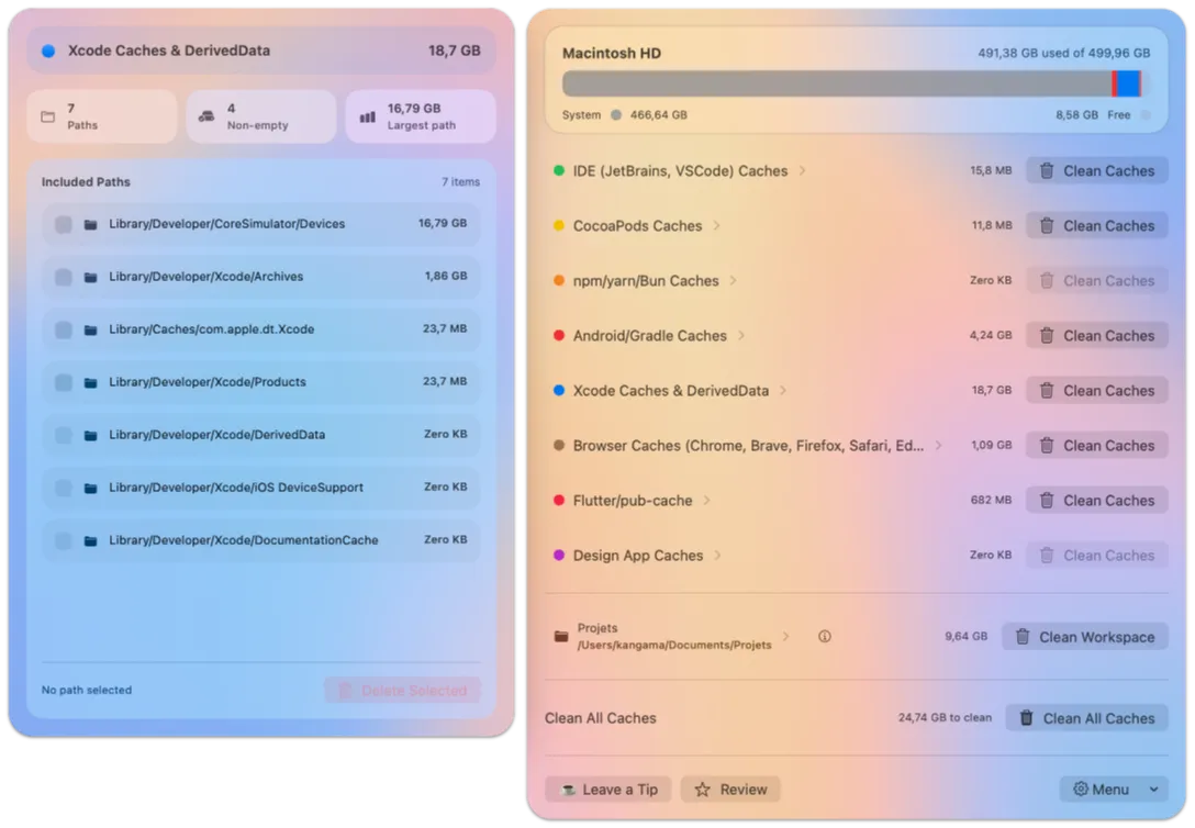 DevCacheCleaner screenshot showing the app interface