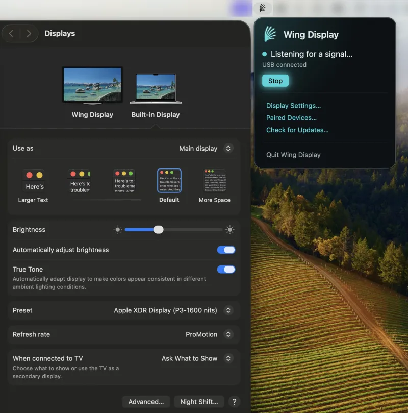 Wing Display menubar app preview
