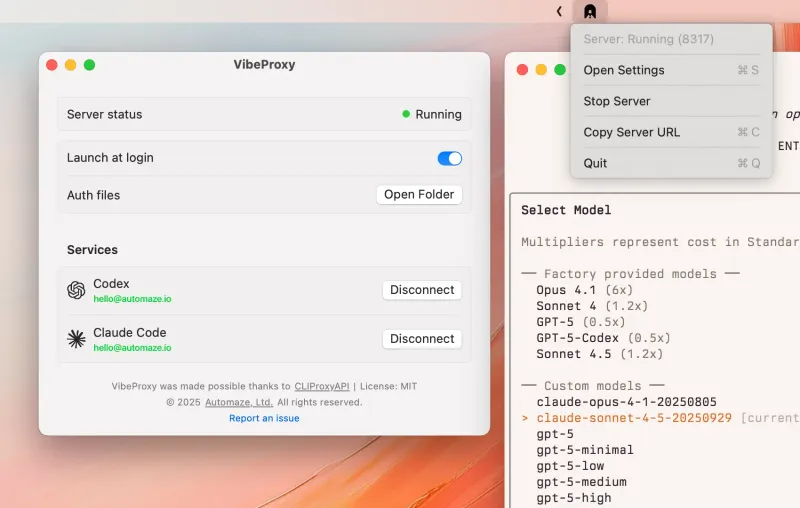 VibeProxy menubar app preview