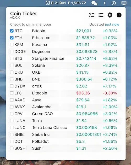 Coin Ticker screenshot showing the app interface