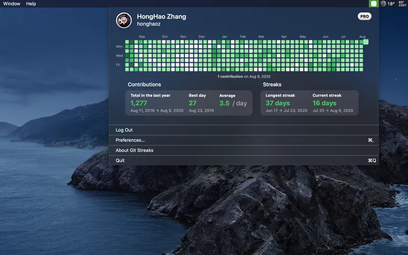 Git Streaks menubar app preview