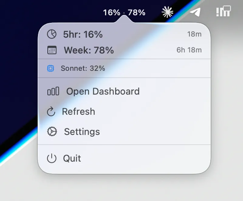 Claude Usage Systray menubar app preview
