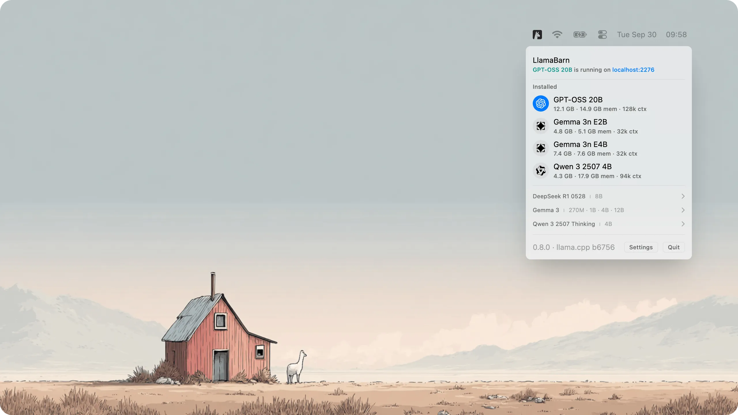 LlamaBarn screenshot showing the app interface