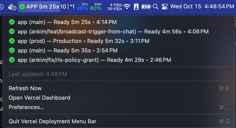 Vercel Deployment Menu Bar menubar app preview
