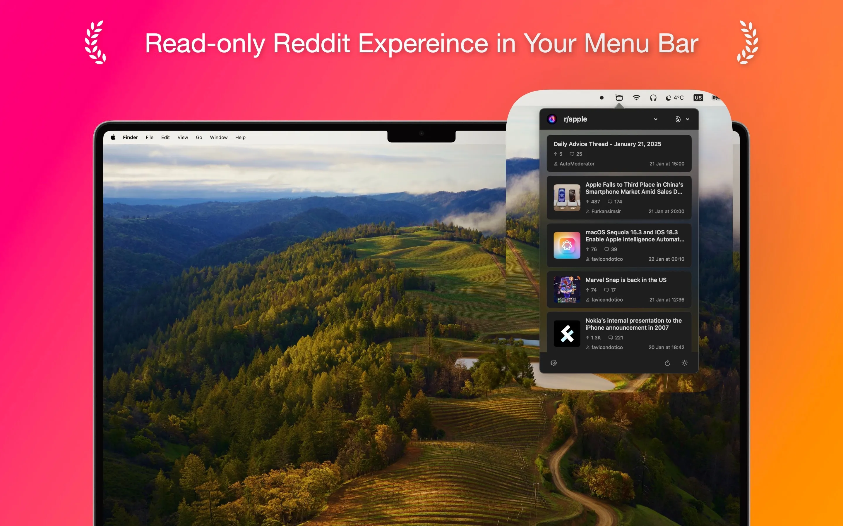 ReddBar screenshot showing the app interface