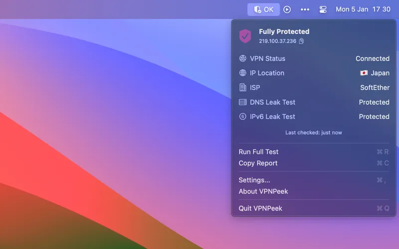 VPN Peek menubar app preview