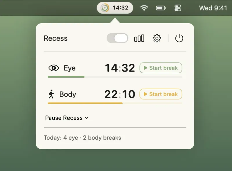 Recess menubar app preview