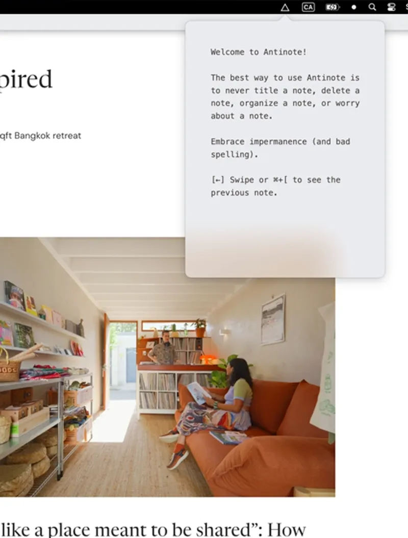 Antinote menubar app preview