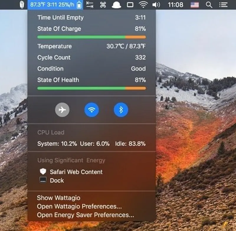 Wattagio menubar app preview