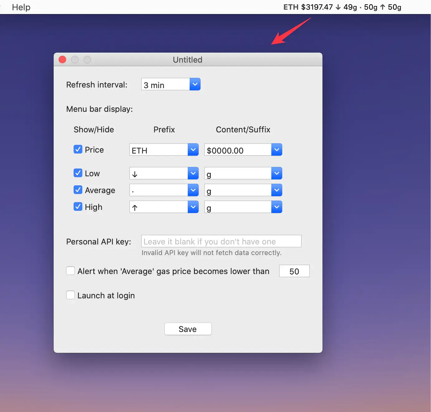 Ethereum Gas Bar with Alert screenshot showing the app interface