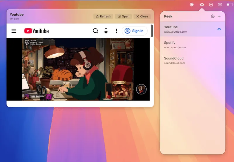 Peek menubar app preview
