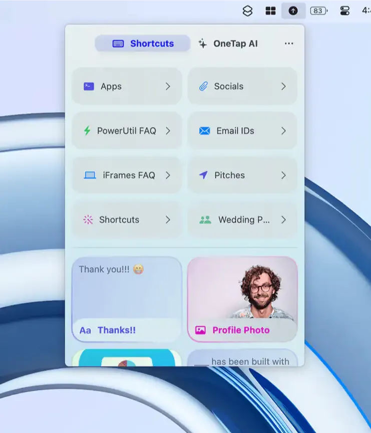 OneTap screenshot showing the app interface