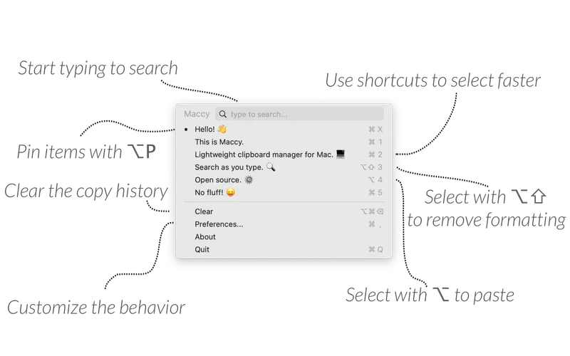 Maccy menubar app preview