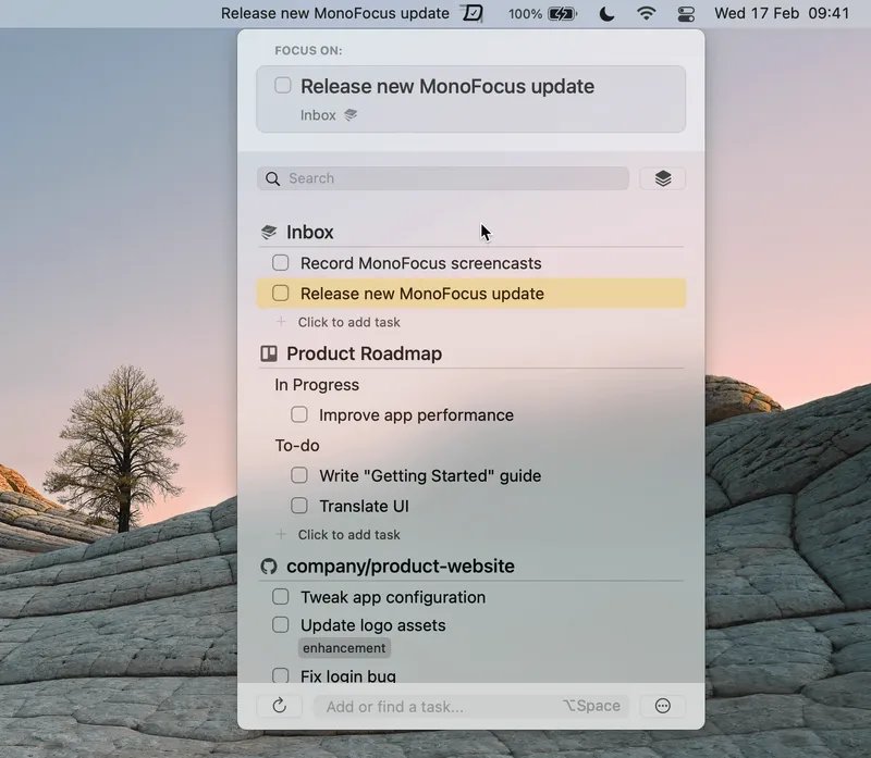 MonoFocus menubar app preview