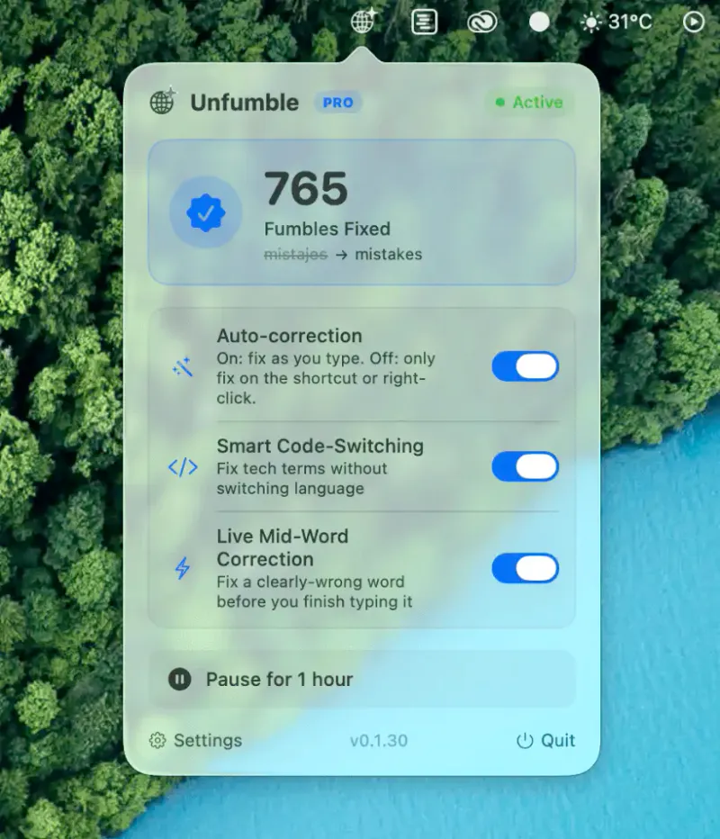 Unfumble menubar app preview