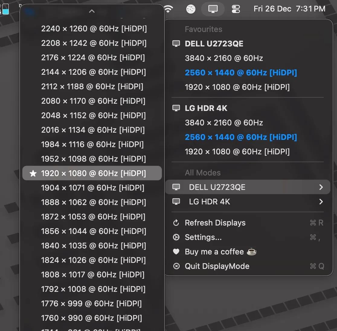 DisplayMode Menu screenshot showing the app interface