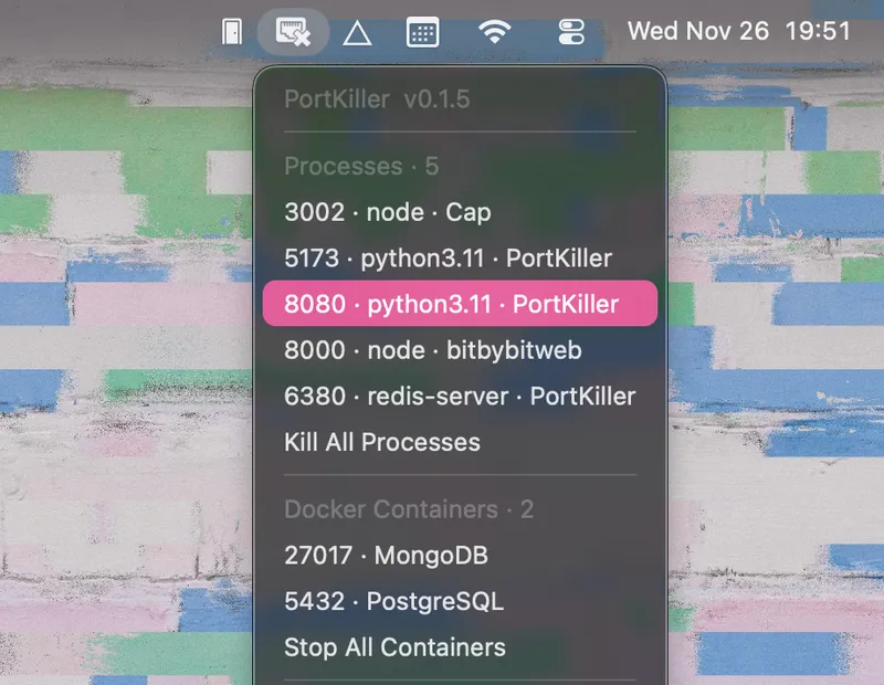 PortKiller menubar app preview