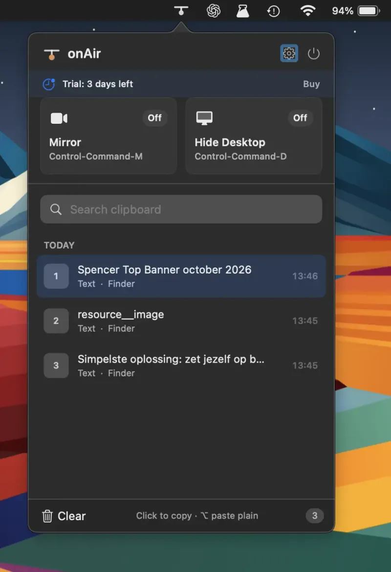 onAir menubar app preview