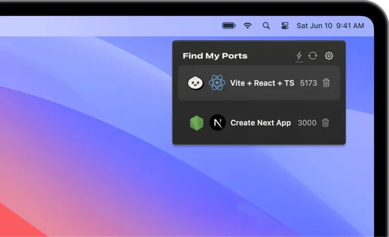 Find My Ports menubar app preview