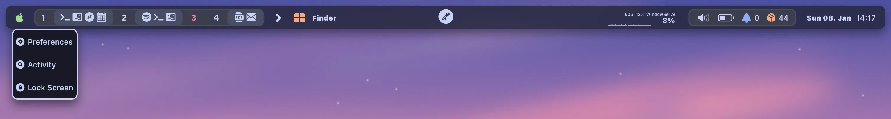 SketchyBar screenshot showing the app interface
