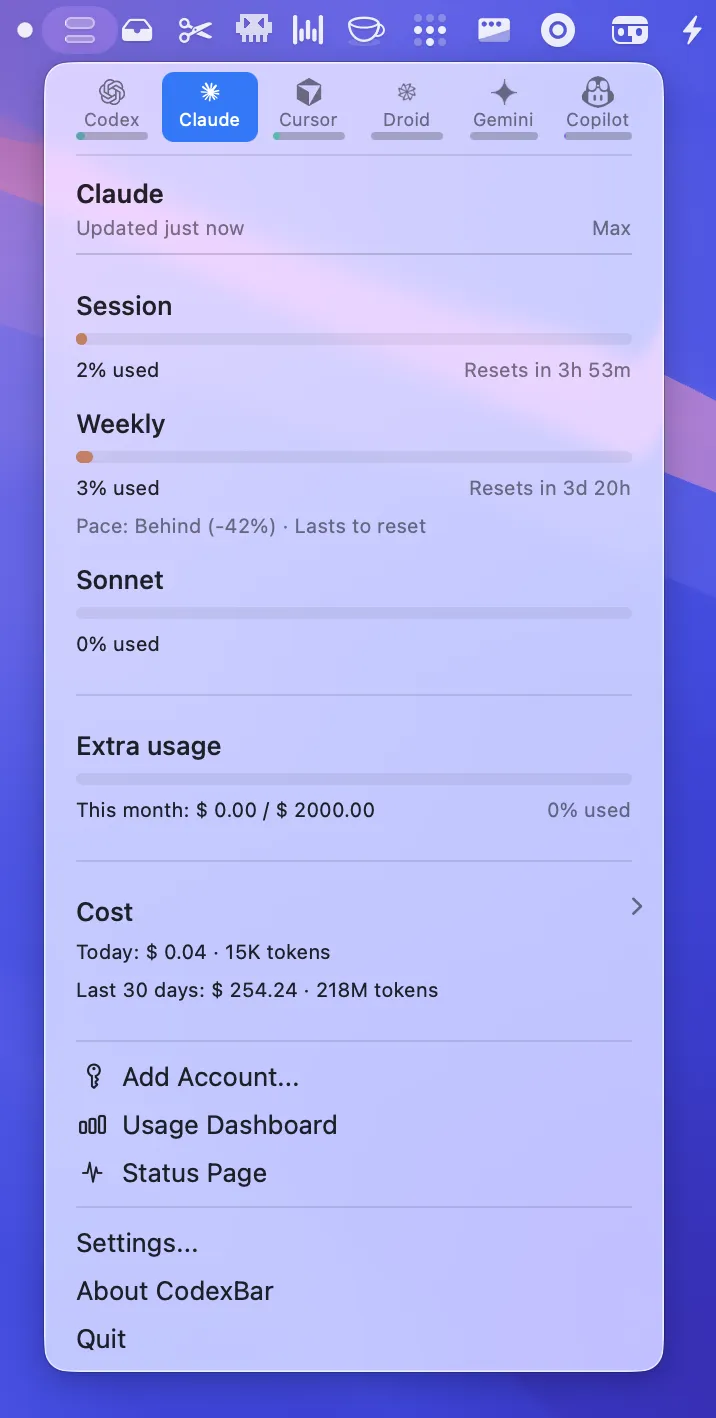 CodexBar screenshot showing the app interface