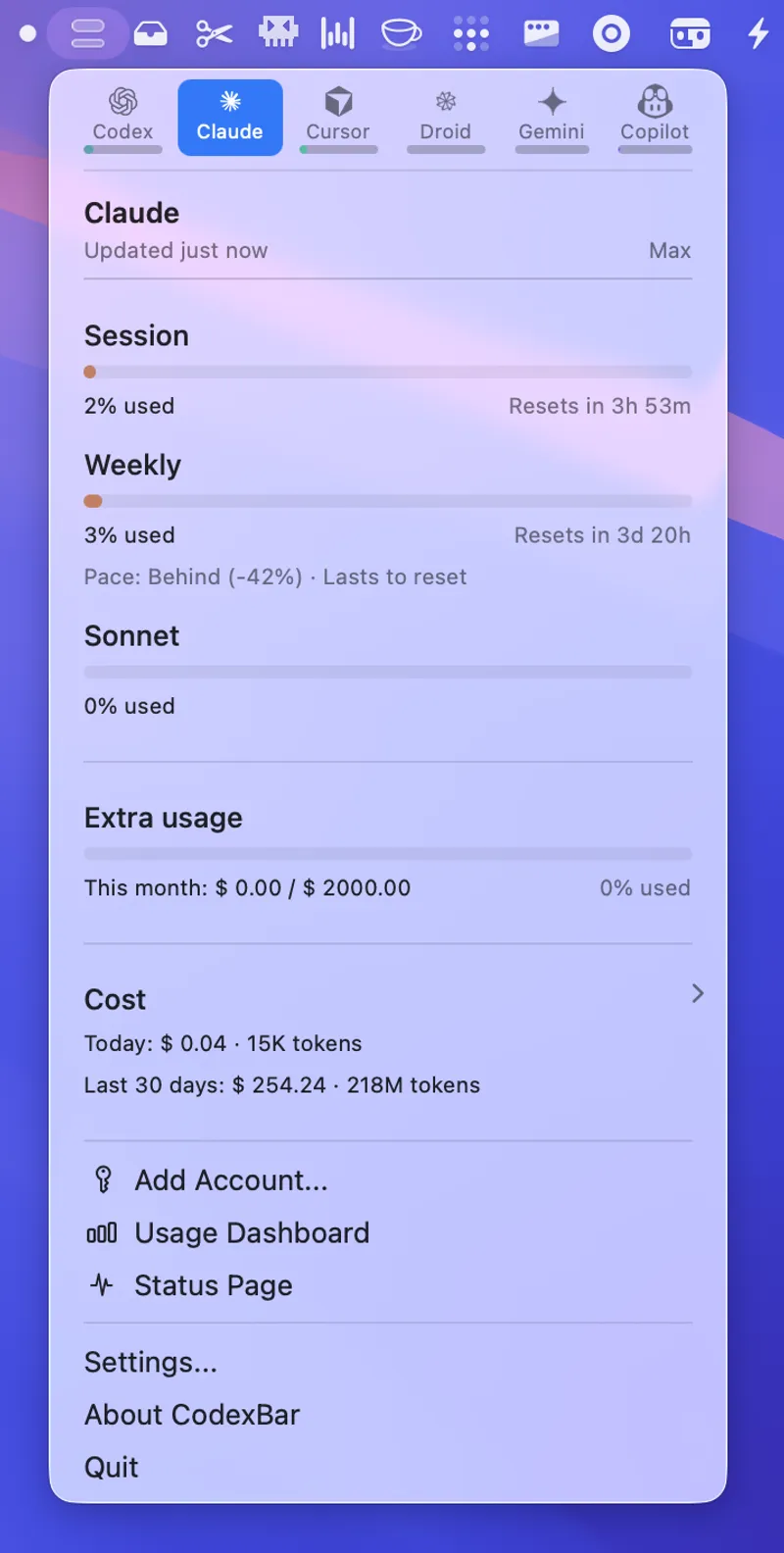 CodexBar menubar app preview