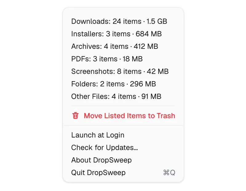 DropSweep menubar app preview