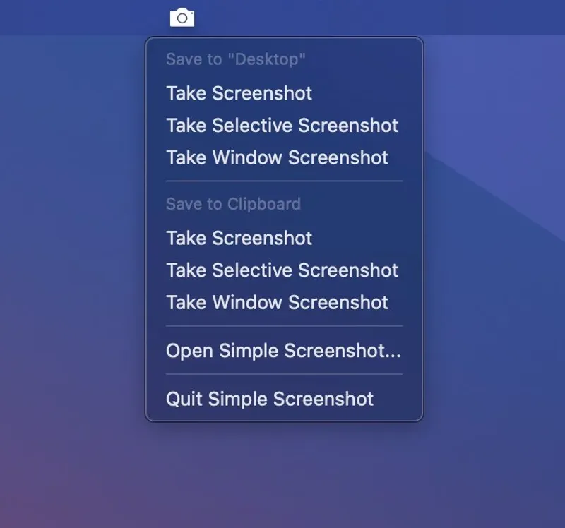Simple Screenshot menubar app preview