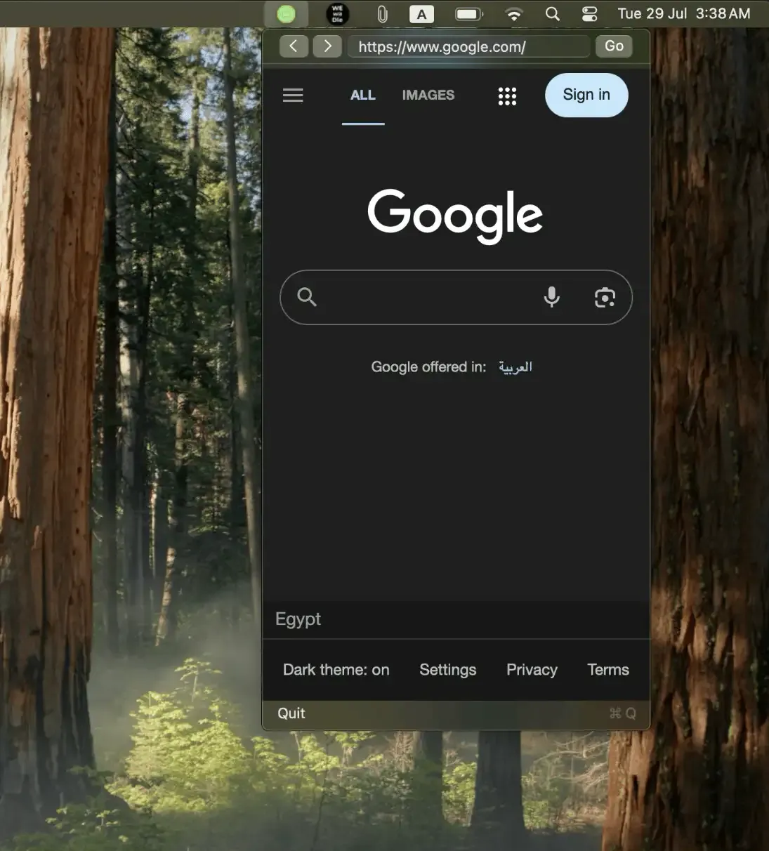 Mini Menu Browser screenshot showing the app interface