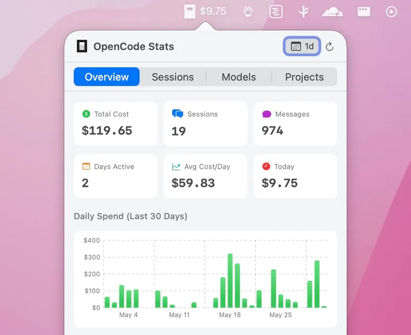 OpenCode Stats menubar app preview