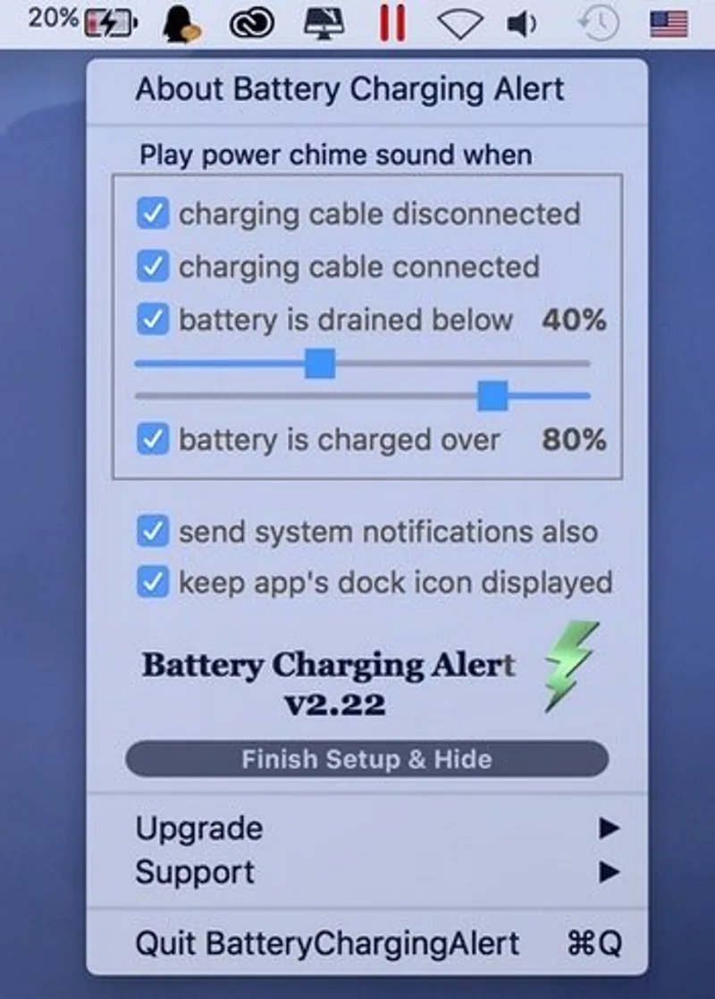Battery Charging Alert menubar app preview