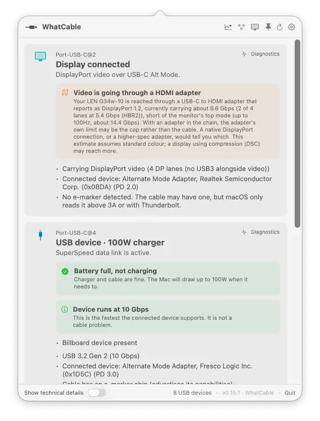 WhatCable screenshot showing the app interface