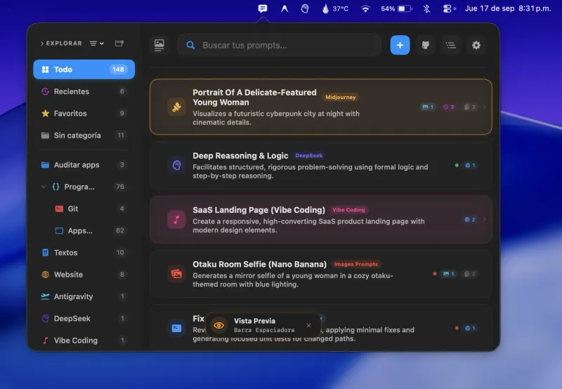 Prompty menubar app preview