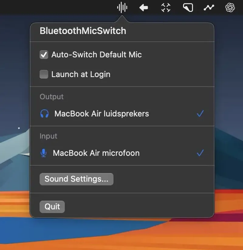 Bluetooth Mic Switch menubar app preview