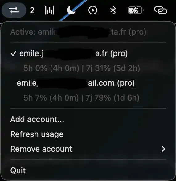 Claude Account Switcher screenshot showing the app interface